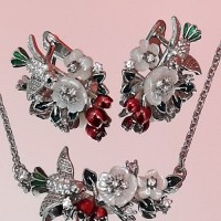 сребърен комплект гълъби и цветя