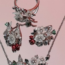 сребърен комплект гълъби и цветя