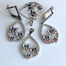 сребърен комплект с емайл - пеперуди