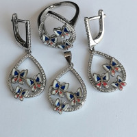 сребърен комплект с емайл - пеперуди